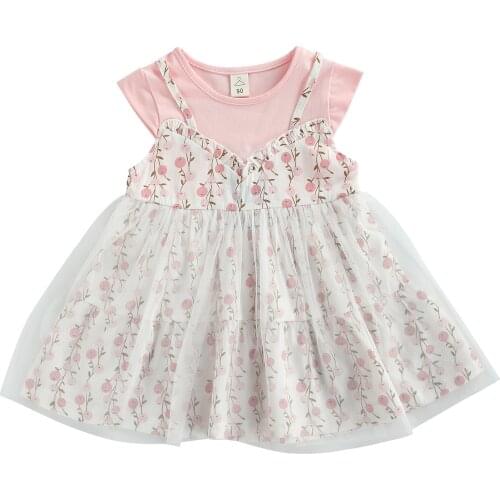 1-4Years Breathable Girls Dress Summer Children Creative Floral Printing Fly Sleeve False Two Pieces Mesh Splicing Princess