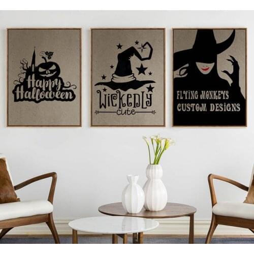 Fantasy Halloween Witch Hat Canvas Painting Vintage Black and White Wall Art Posters and Prints Pictures for Cafe Home Decor