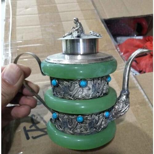 Chinese exquisite Tibetan silver inlaid jade turquoise dragon teapot