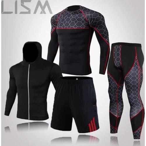 MMA Leggings 4 Piece Set Mens Training Sportswear Suit Gym Fitness Compression Sports Suit Running Tight Sportswear Clothes 3XL