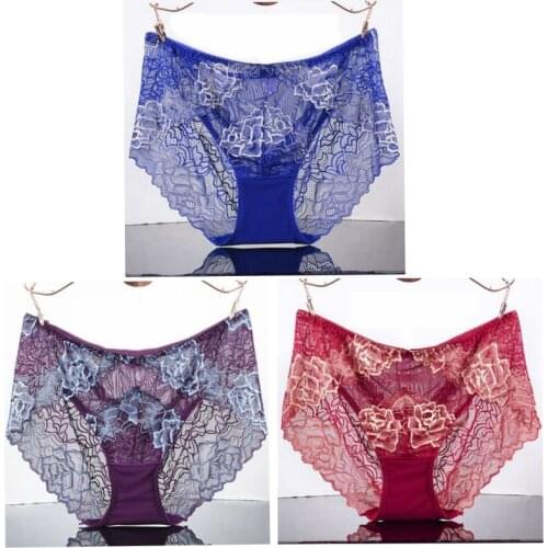3Pcs/lot Intimates Woman Underwears plus size 5XL Sexy High-end luxury Lace Lingeries Hollow flowers Womens Panties sets
