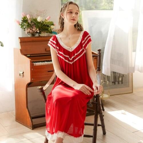 Womens Short-Sleeved Nightdress Summer Retro Court Night Dress Solid V-Neck Sleeping Dress Modal Sleepwear Long Sexy Nightwear