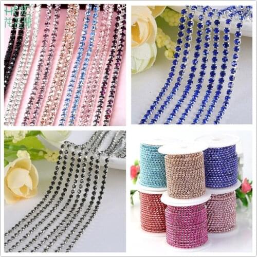 New 1m/lot ss6 2mm High Density Flatback Rhinestone Chain Sew-On Glue-On Silver Base Claw Rhinestone Trim DIY Decor Accessories
