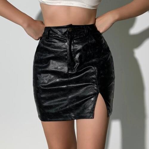 2021 Autumn New PU Leather Skirt Women Slim Sexy Slit Printed Skirt