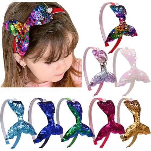 CN 1PC Mermaid Pearl Hairbands For Girls Kids Handmade Reversible Sequin Rainbow Headbands With Teeth Hair Accessories