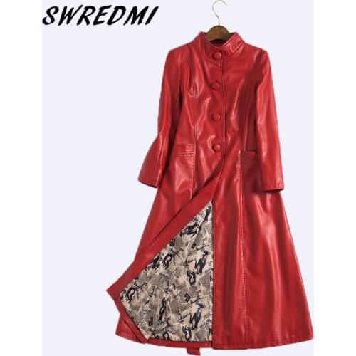 2020 Autumn Winter Women Leather Jacket Fashion High-end PU Leather Coats X-long Belted Slim PU Leather Trench Coats SWREDMI