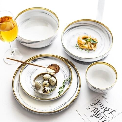 Golden Edge Ceramics Dinnerware Marbling Flat Plate Breakfast Steak Tray Sauce Fruit Dishes Rice Bowl Household Tableware 1pcs