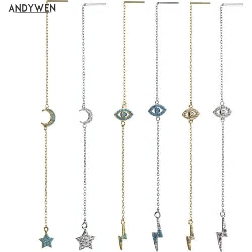 ANDYWEN 925 Sterling Silver Line Thread Earring Long Chains Eye Lighting Charm Earrings Star Moon Women Crystal CZ Jewelry