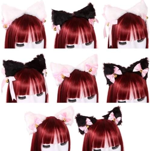 Faux Fur Cat Ears Plush Hair Hoop Hairpin Cosplay Hair Accessories with Bell Bow