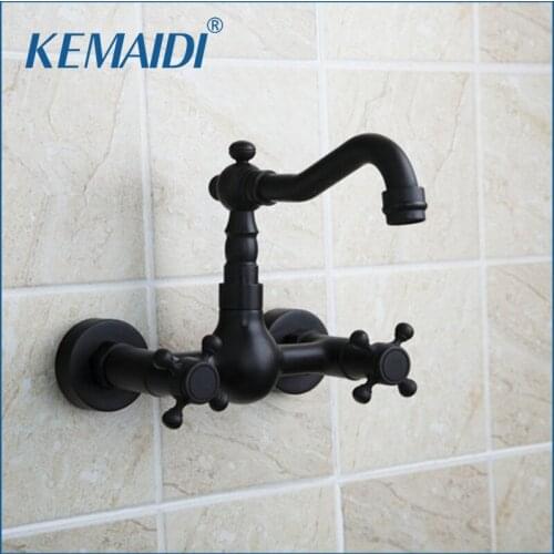 KEMAIDI Bathroom Sink Faucet Double Handles Bathtub Mixer Wall Mounted Oil Rubbed Black Bronze Swivel Spout Torneira Tap