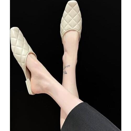 Women Pointed Toe Flats Shoes 2021 Ladies Summer Mules Slippers Vintage Cloesed Toe Rubber Soles Beige Sandals Women Low Heels
