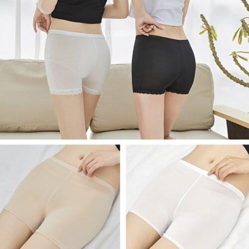 Women Girl Summer Plus Size Safety Pants Traceless Lace Trim Flat End Solid Color Stretchy Underpants Mid Rise Thin Boxer Shorts