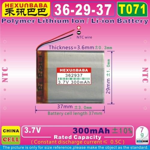 5pcs [T071] 3.7V 300mah [362937] NTC,3 THREE WIRE;Polymer lithium ion / Li-ion battery for SMART WATCH;GPS;MP3;MP4;SPEAKER