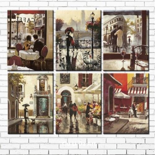 Free shipping home wall art decoration pictures Sweet lover cafe building scenery oil painting canvas prints printed on canvas