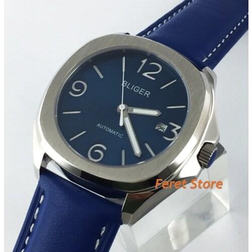 Bliger 40mm Business Watch Silver Case Sapphire Glass Blue Luminous Dial Date Leather Strap Mens Automatic Mechanical Watch