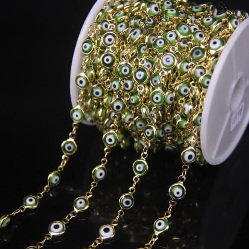 5meter Fashion Craft Bracelet Beading,Green Flat Round Beads Rosary Chain Findings ,Drip Oil Enamel Glass Coin Golden Chain,6mm