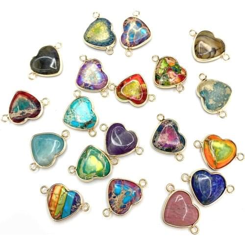 Boutique Charm Imperial Stone Jewelry Love Heart Double Hole Connector Fashion Color Pendant DIY Handmade Jewelry Accessories