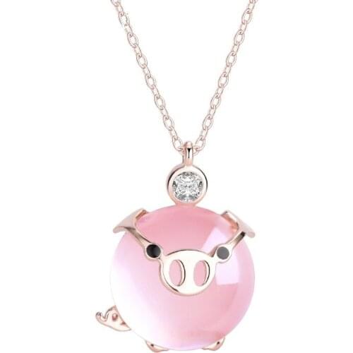 Ociki Rose Gold Color Chokers Pink Opal Jewelry Necklace Pig Ross Quartz for Women Girls Chinese Zodiac Cute Gift Drop Shipping