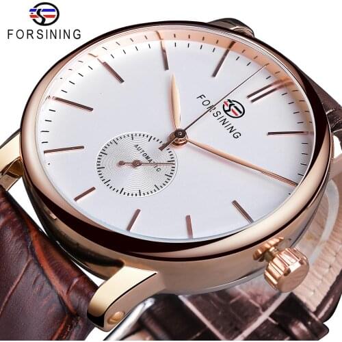 Forsining Mens Fashion Mechanical Watch Rose Gold Case Sub Dial Sport Watches Genuine Leather High Quality Gentleman Clock Reloj
