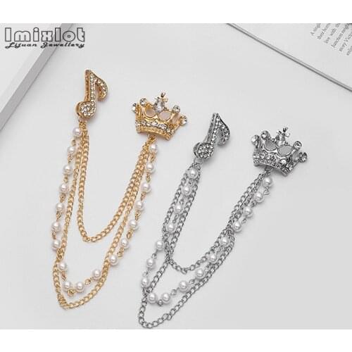 Korean British Style Rhinestone Crown Skull Brooch Suit Tassel Chain Lapel Pin Musical Note Badge Female Corsage Men Accessories