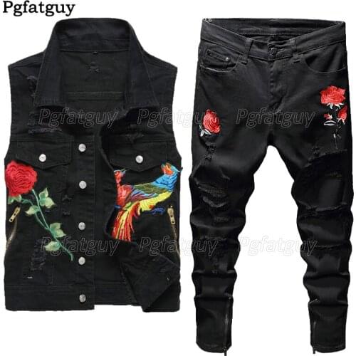 New Men Black Sets Fashion Spring Embroidered Phoenix Flower Hole Distressed Suit Denim Vests +Pants Mens Clothing 2 Pieces Sets