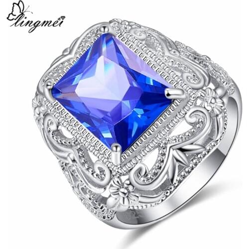 Lingmei Wholesale New Big Rectangle Blue & Green CZ Silver Color Ring Size 6 7 8 9 Classic Luxury Wedding Women Jewelry Party