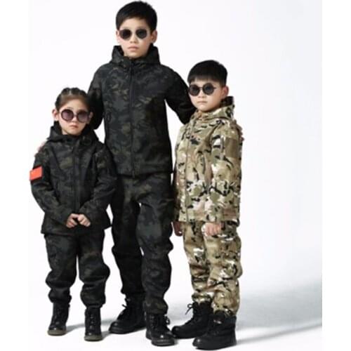 Upgraded Kids Outdoor Camo Soft Shell Clothes CS Fishing Hunting Children Sets Trekking Hiking Riding Sports Jacket Pants Suits