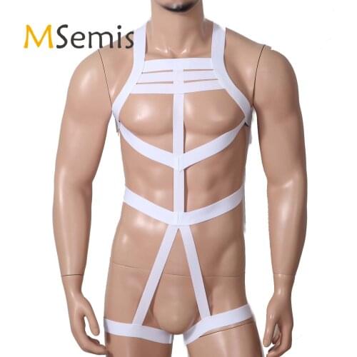 Mens One Piece Body Shoulder Chest Harness Belt Hollow Out Jockstrap Bodysuit Elastic Straps Criss Cross Back Night Costumes