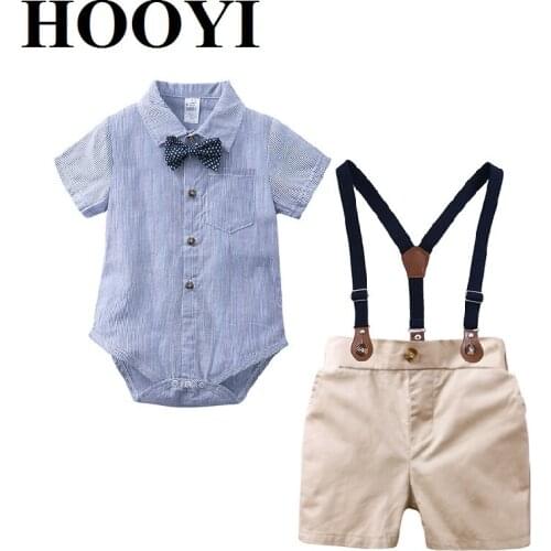 Kids Outfits Bowtie Baby Boys Summer Set Bodysuits Short Pants Suits Tuxedo Shirts Gentleman Suspenders Trousers