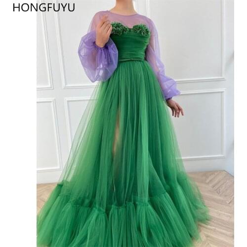 HONGFUYU A-line Prom Dresses O Neck Green Lavender Side Slit Long Evening Dress With Tulle Flowers Long Sleeves Formal Gowns