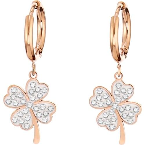 Rose Gold Plated Stainless Steel Four Clover Earrings Korean pop Jewelry Fashion Crystal Earrings For Women Accessories 2021