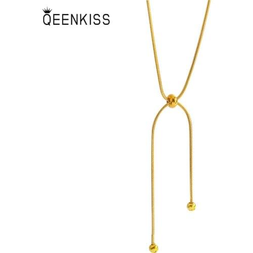 QEENKISS NC753 Fine Jewelry Wholesale Fashion Trendy Woman Girl Birthday Wedding Gift Pull Type 18KT Gold Snake Chain Necklace