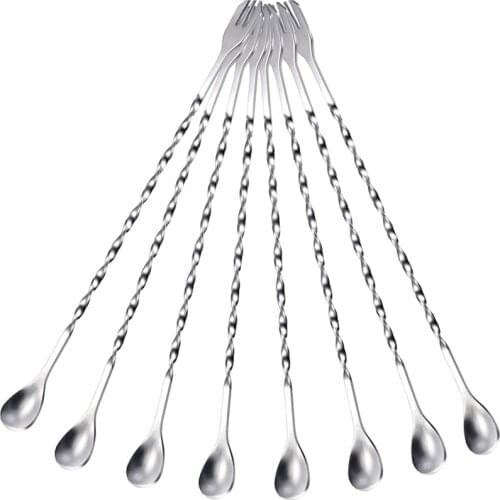8 Pieces Silver Cocktail Spoon Stirring Bar Mixing Long Spoon Stainless Steel Spiral Pattern Cocktail Stirrers Spoons