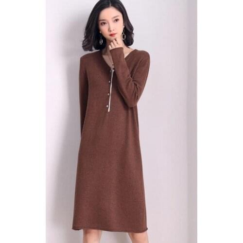 Winter autumn women dress elegant fashion designer clothes full sleeve knitting v-neck loose Jersey dress to knee
