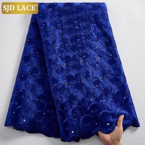 SJD LACE Royal Blue African Dry Lace Fabric Embroidery Pure Cotton 5Yards Swiss Voile Lace In Switzerland For Nigerian Man A2442