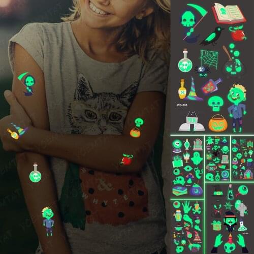 Luminous Waterproof Temporary Tattoo Sticker Skull Candy Halloween Night Glowing Tatto Woman Man Kid Child Boy Girl Fake Tatoo