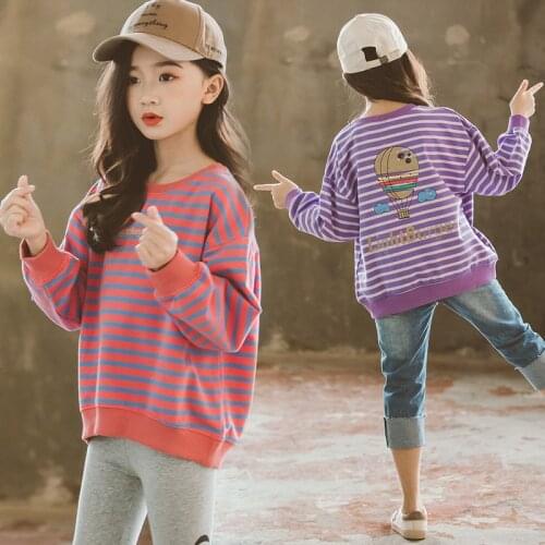 Girls Cartoon Long Sleeve Sweatshirt 8 10 years Casual Striped Letter Casual Tops Teen Girls Clothes Spring Autumn