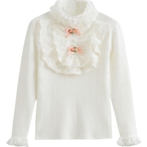 2T to 7T kids girls bib-front lace turtleneck knitted pullover sweaters children fashion cotton casual princess sweater clothes