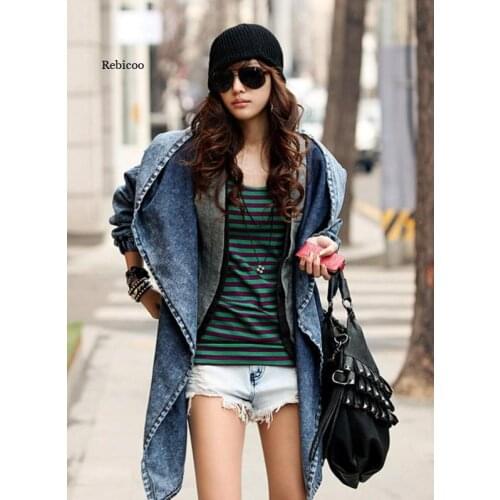 Women Jacket Cardigan Loose Windbreaker Lace Up Bandage Hooded Cloak Denim Jacket Belt Women Coats Spring Autumn