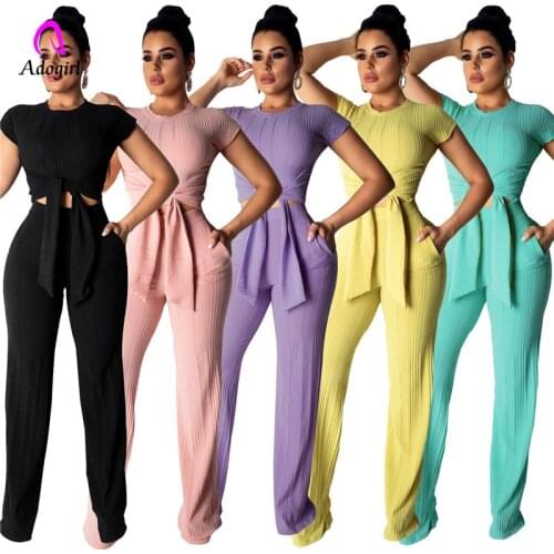 Solid Ribbed Knitted Women Two Piece Set Front Tie Short Sleeve Crop Top + Pockets Wide Leg Pants Casual Suit Tracksuit