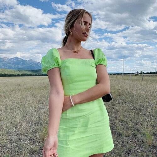 2020 Square Collar Summer Dress Women Solid Short Sleeve Low Cut Mini Dress Sexy Slim Bodycon Sheath Dress Female Vestido Green