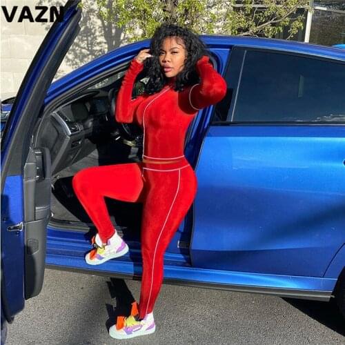 VAZN Hot sale 2020 early autumn sexy lady 3 colors 2-piece long set full sleeve turtleneck tees long skinny pants set sport sets