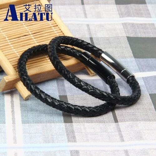 Black Genuine Leather Bracelet Mens Simple Stainless Steel Button Jewelry Customized Length and Logo Name