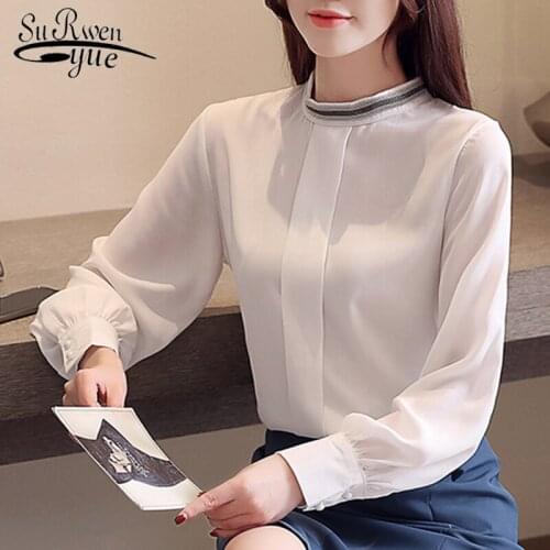 Temperament Solid White Red Women Blouses and Tops Spring Autumn Fashion Stand Collar Long Sleeve Chiffon Women Shirts 8008 50