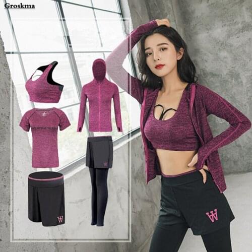 Quick dry women yoga 5 piece set hooded jacket+sexy bra+t shirt+shorts+pants fitness gym outdoor sports running suits clothing
