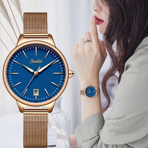Relogio Feminino SUNKTA New Women Fashion Blue Quartz Watch Lady Casual Waterproof Simple Wristwatch Gift for Girls Wife Gift