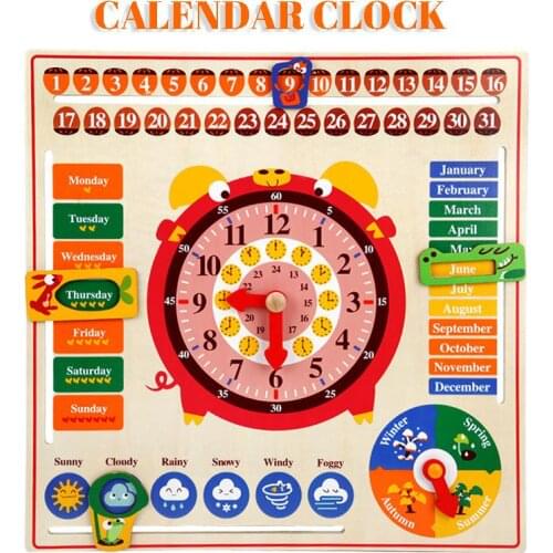 Wooden Multifunctional Calendar Clock Childrens English Early Childhood Education Puzzle Hanging Board