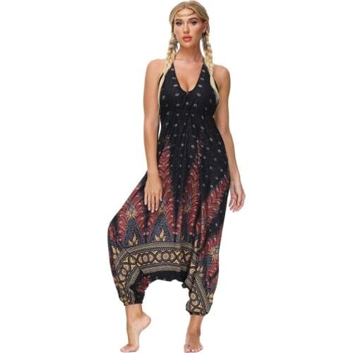 Helisopus Bohemian Tie-dye Suspender Jumpsuit Art Print Sleeveless Backless Ladies Jumpsuit Beach Leisure Jump Suits for Women