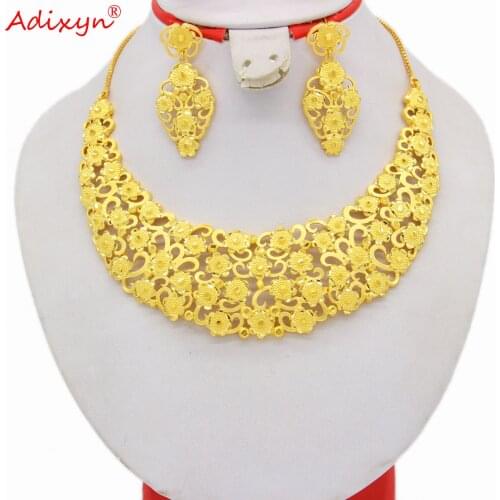 Adixyn 24K Gold Color Dubai Women Necklace Earrings Jewelry Set African Arab Wedding Bridal Saudi Gifts N04073