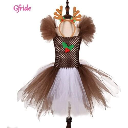 Brown Girls Christmas Eve Xmas Costume Dressing up Party Dresses Kids Santa Reindeer New Year Tutu Mesh Carnival Fancy Clothing